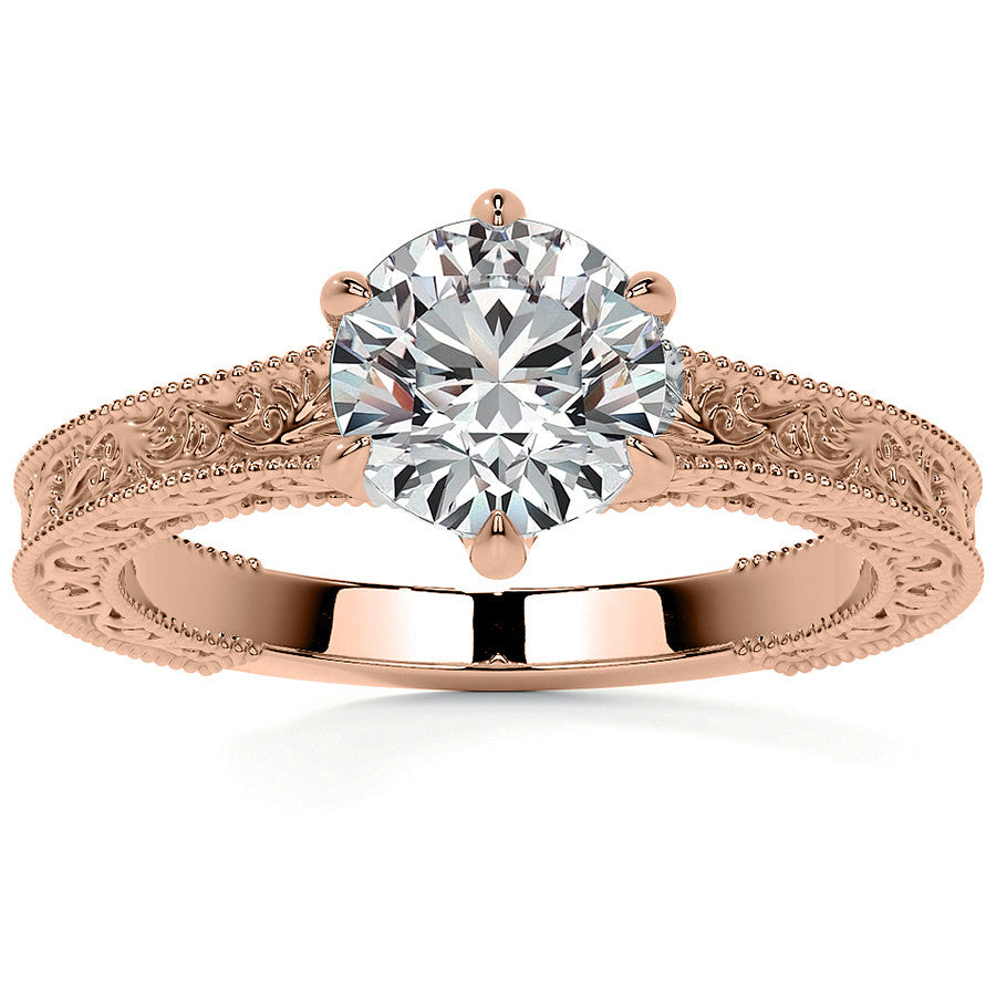 6-Prong Round Engraved Moissanite Solitaire Ring with Milgrain A