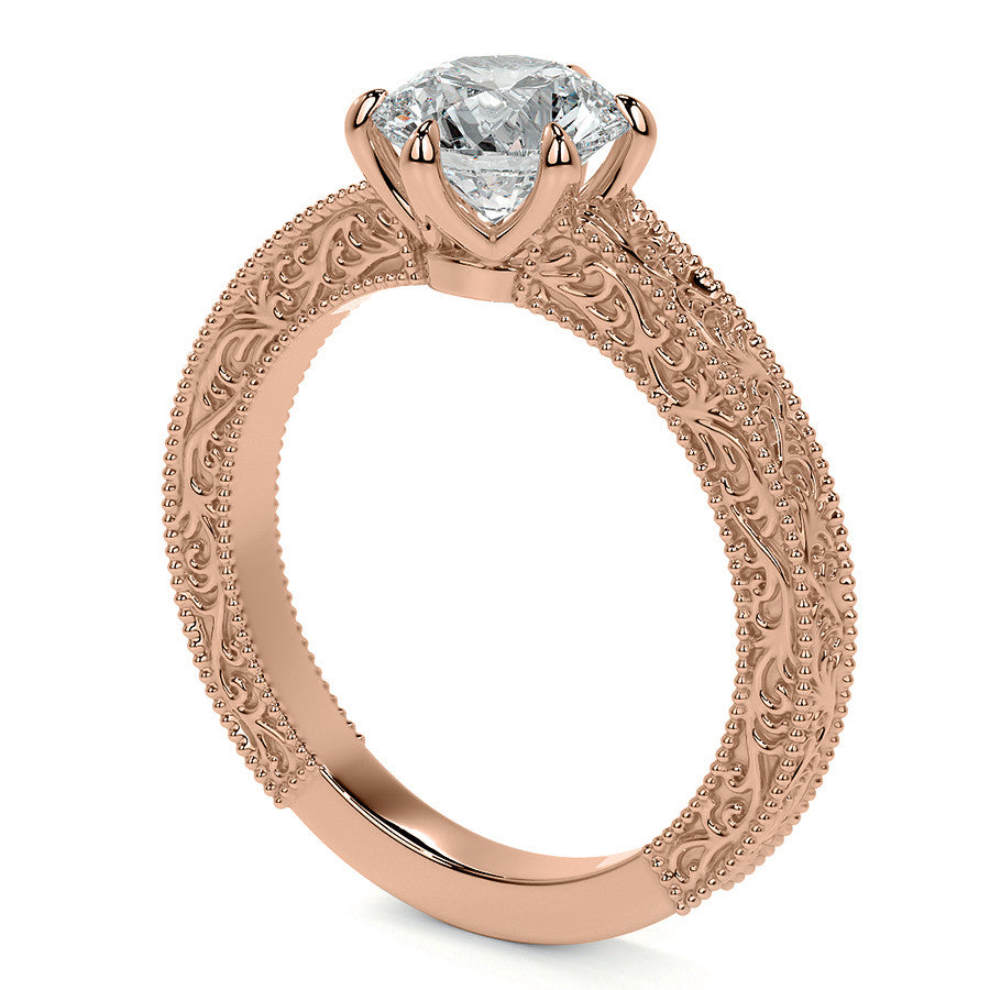 6-Prong Round Engraved Moissanite Solitaire Ring with Milgrain A