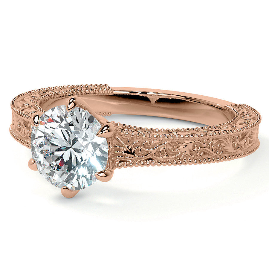 6-Prong Round Engraved Moissanite Solitaire Ring with Milgrain A