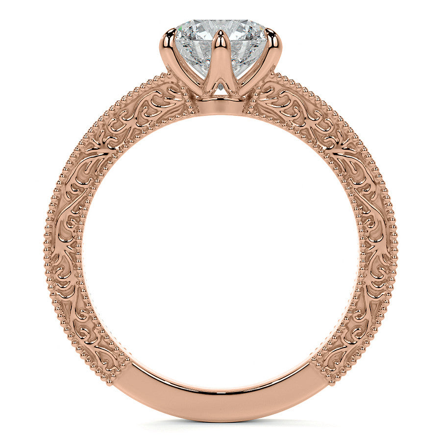 6-Prong Round Engraved Moissanite Solitaire Ring with Milgrain A