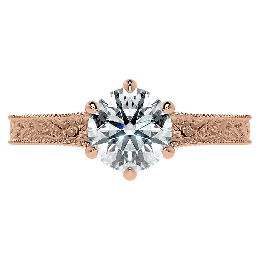 6-Prong Round Engraved Moissanite Solitaire Ring with Milgrain A