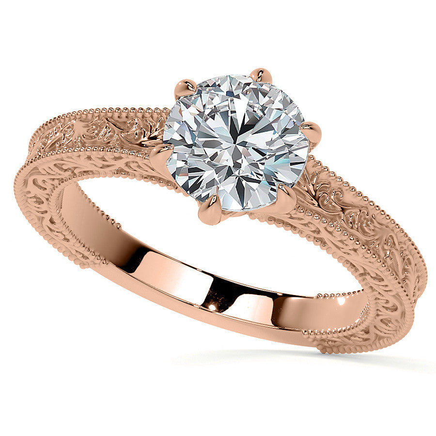 6-Prong Round Engraved Moissanite Solitaire Ring with Milgrain A