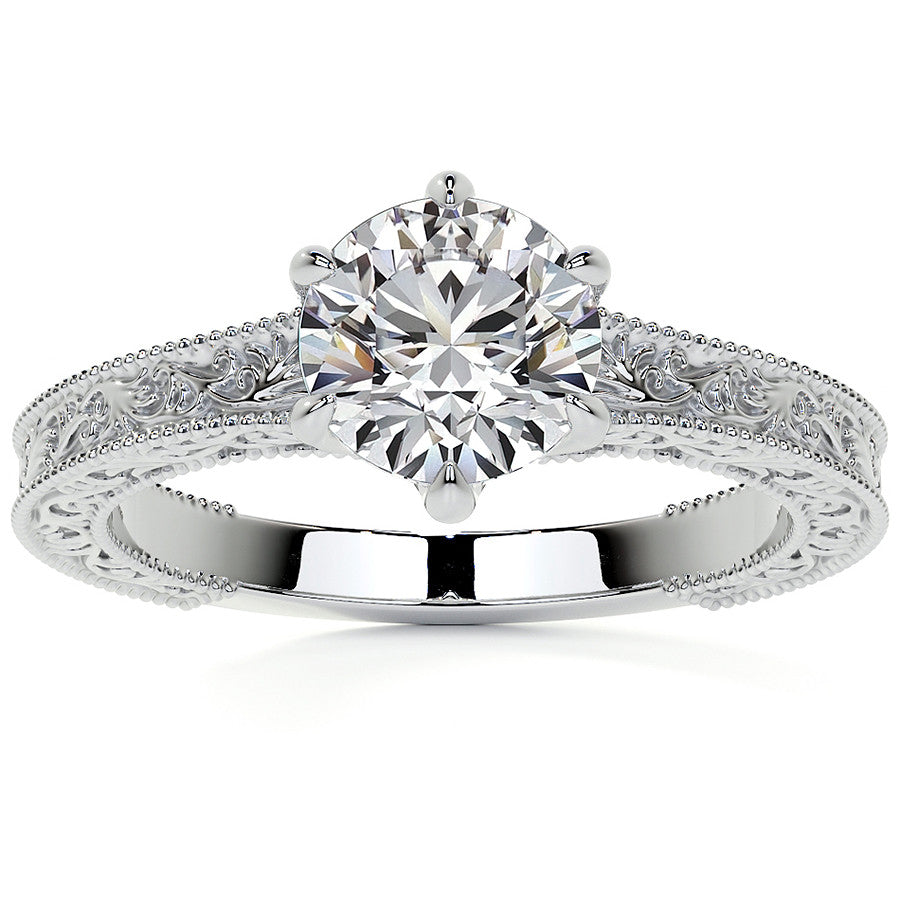 6-Prong Round Engraved Moissanite Solitaire Ring with Milgrain A