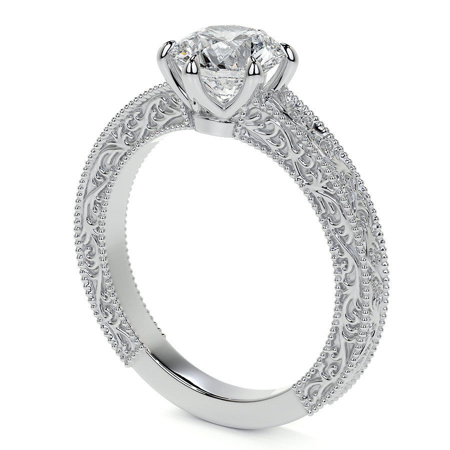 6-Prong Round Engraved Moissanite Solitaire Ring with Milgrain A