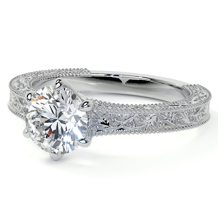 6-Prong Round Engraved Moissanite Solitaire Ring with Milgrain A