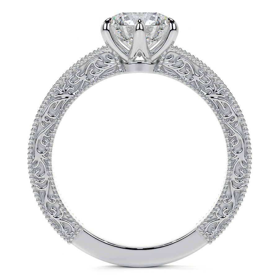 6-Prong Round Engraved Moissanite Solitaire Ring with Milgrain A