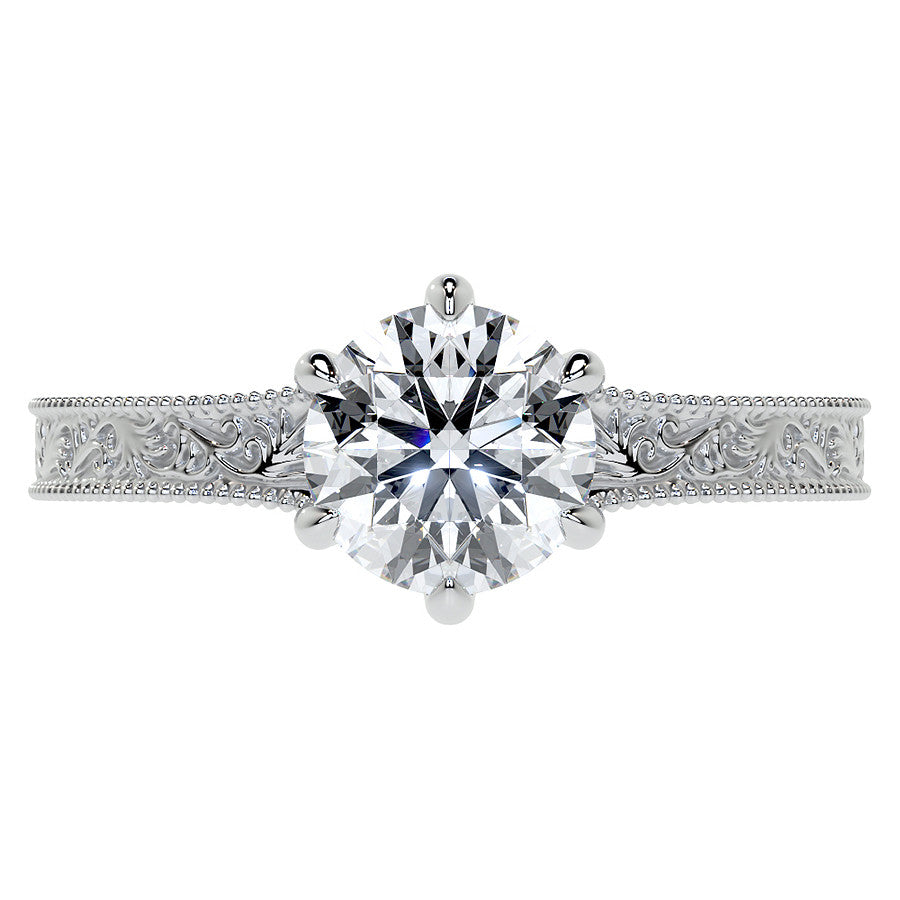 6-Prong Round Engraved Moissanite Solitaire Ring with Milgrain A