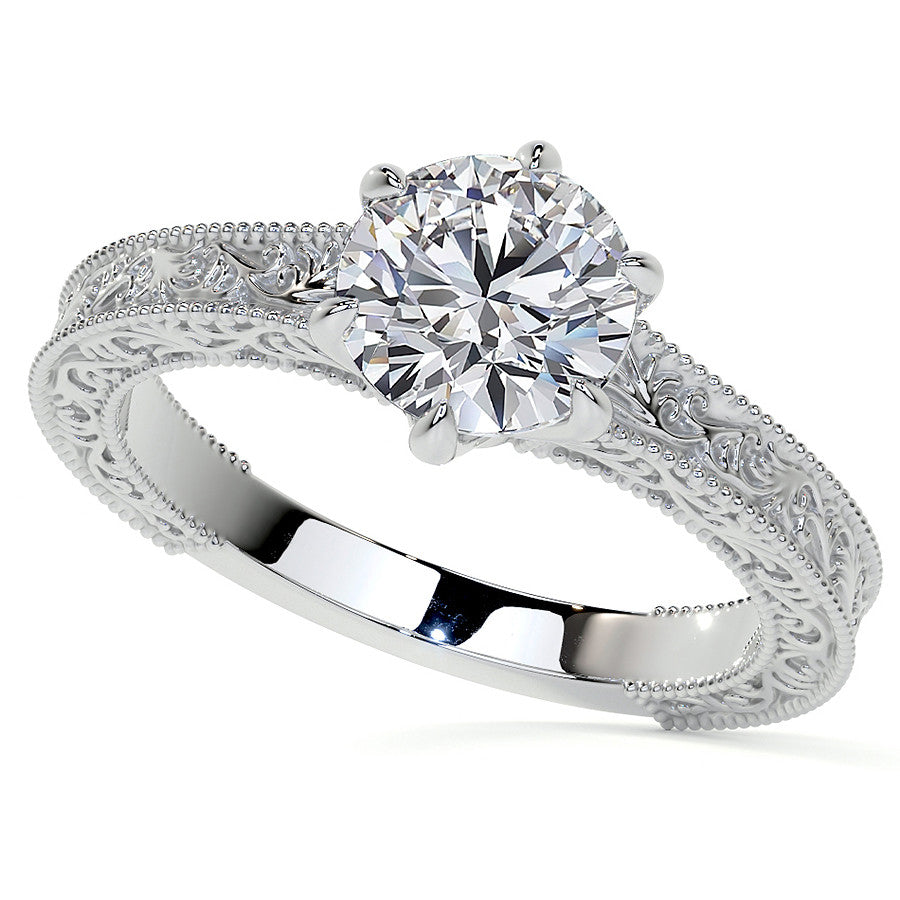 6-Prong Round Engraved Moissanite Solitaire Ring with Milgrain A