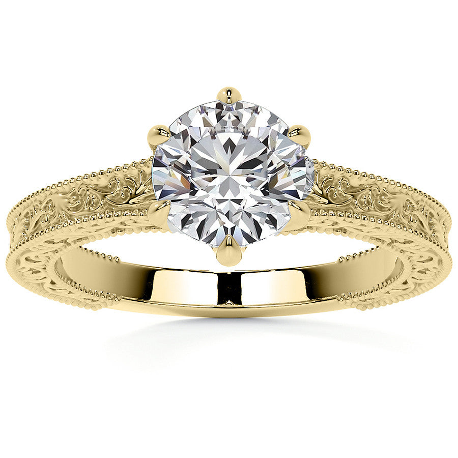 6-Prong Round Engraved Moissanite Solitaire Ring with Milgrain A
