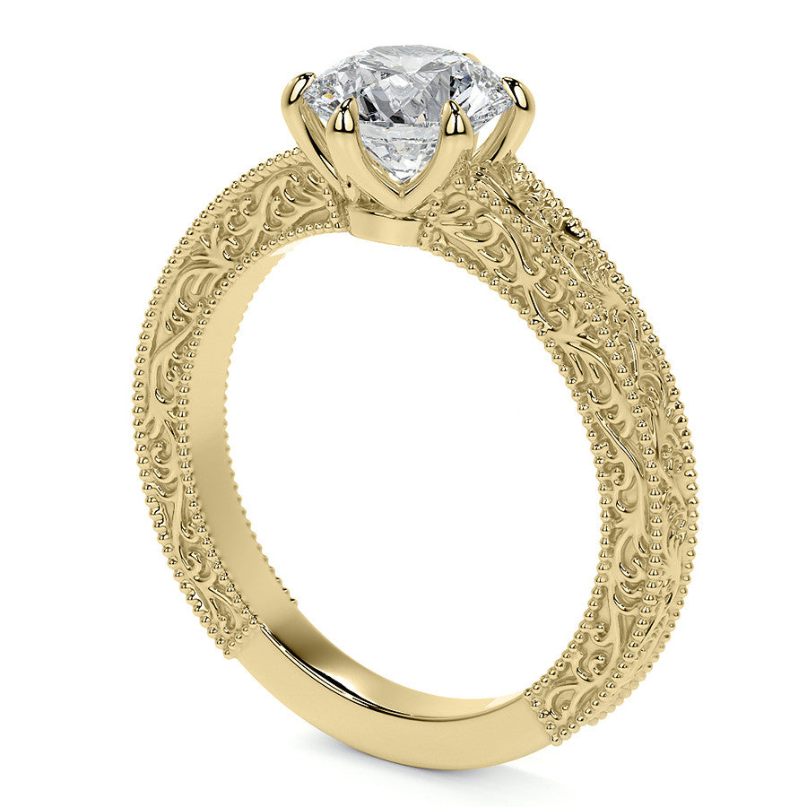 6-Prong Round Engraved Moissanite Solitaire Ring with Milgrain A