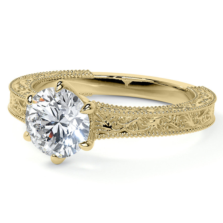 6-Prong Round Engraved Moissanite Solitaire Ring with Milgrain A