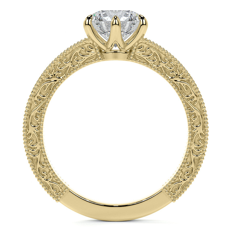 6-Prong Round Engraved Moissanite Solitaire Ring with Milgrain A