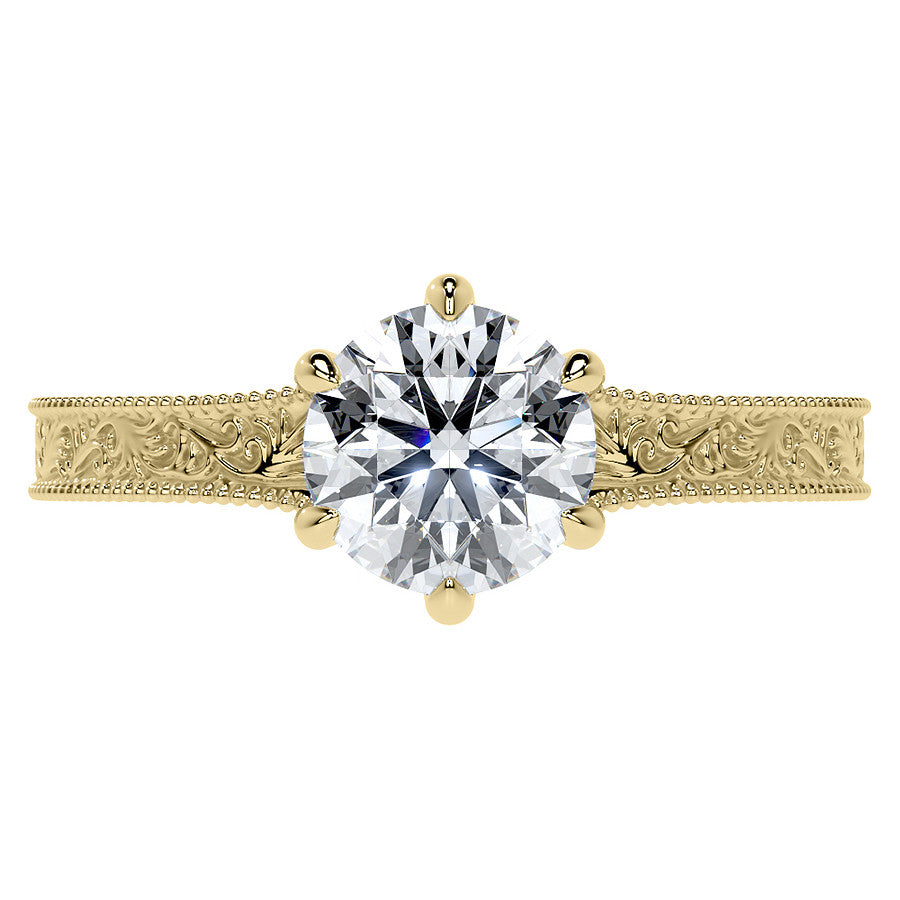 6-Prong Round Engraved Moissanite Solitaire Ring with Milgrain A