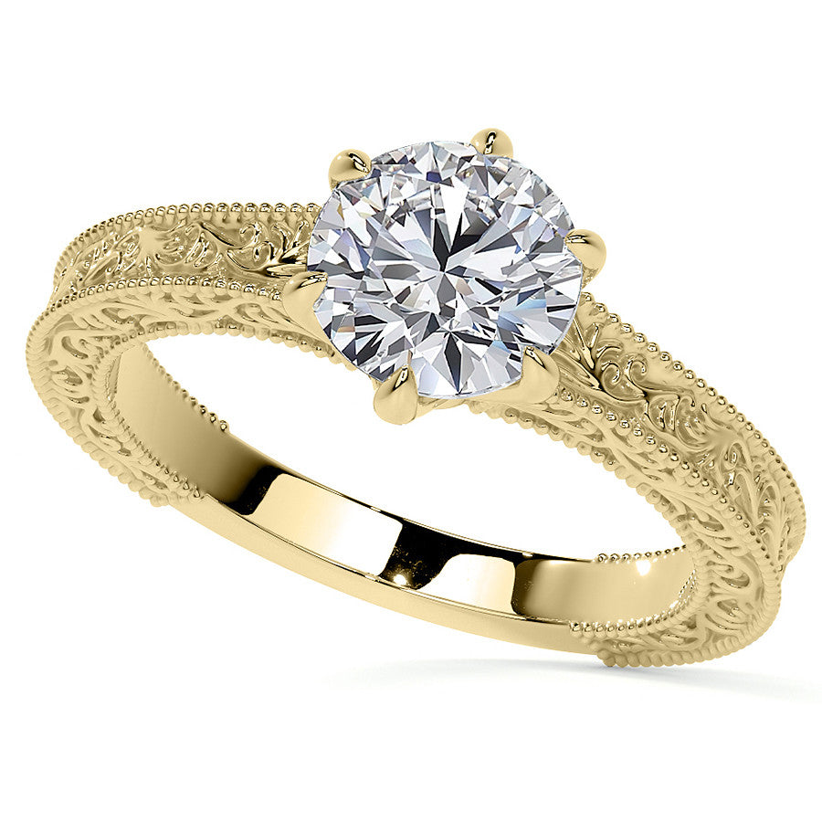 6-Prong Round Engraved Moissanite Solitaire Ring with Milgrain A