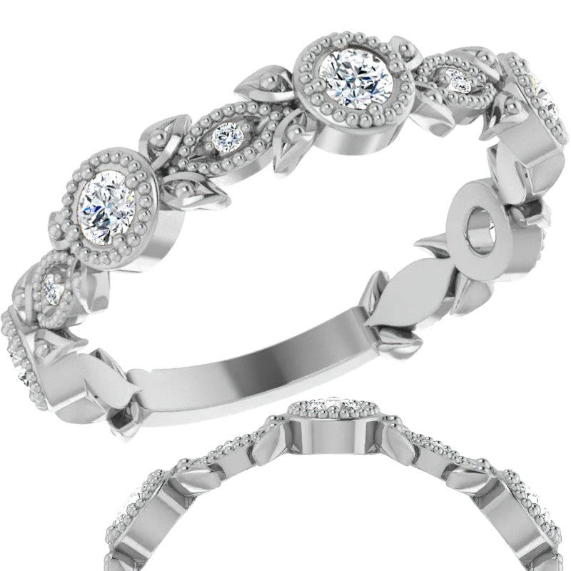 Round Moissanite Leaf Stackable Ring