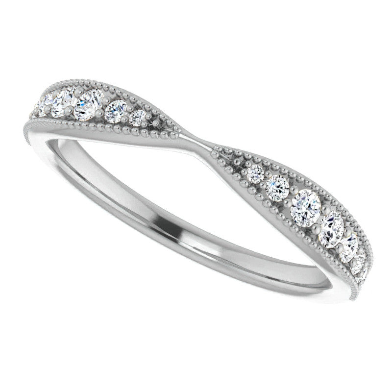 Round Brilliant Moissanite Pinched Contour Stackable Band with Milgrain
