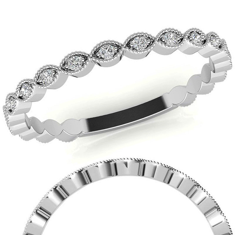 Round Scalloped Moissanite Stackable Band with Milgrain