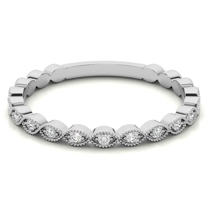 Round Scalloped Moissanite Stackable Band with Milgrain