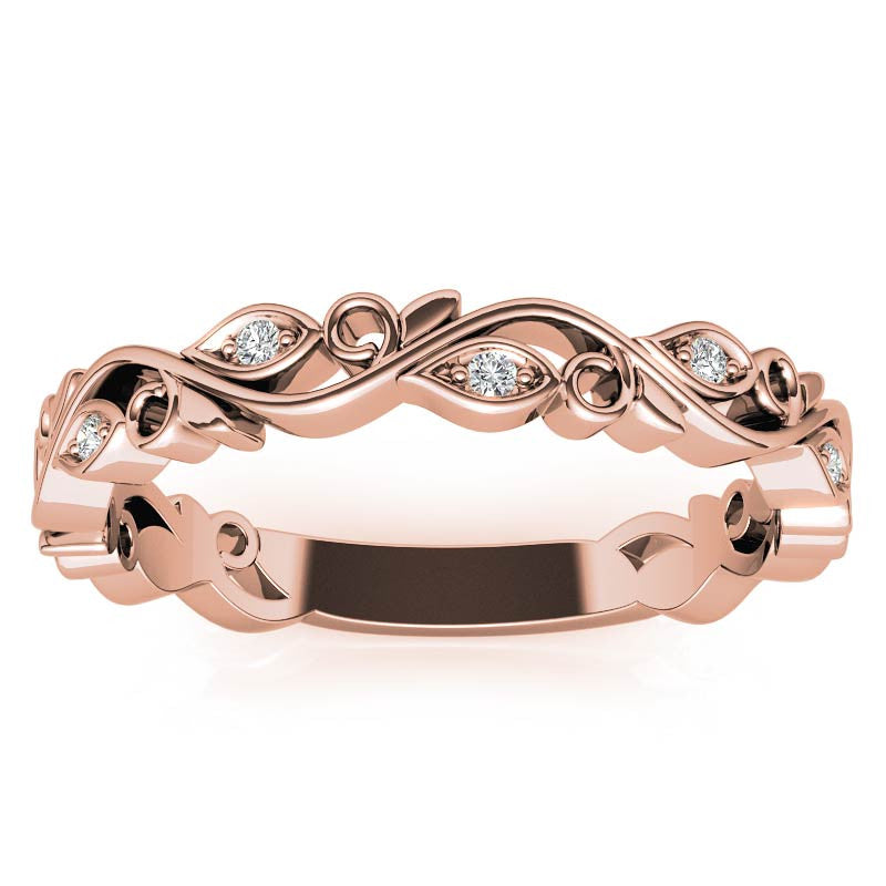 Round Floral Leaf Design Moissanite Stackable Band