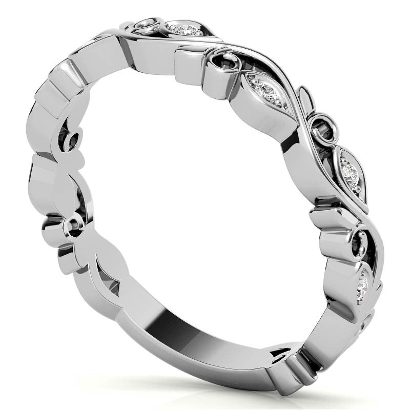 Round Floral Leaf Design Moissanite Stackable Band