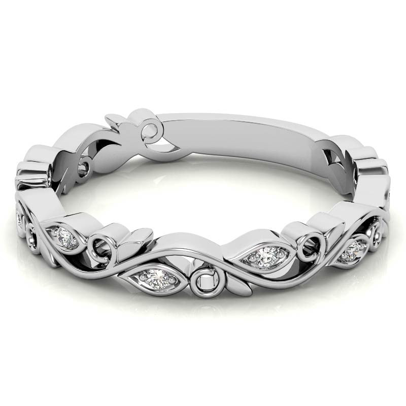 Round Floral Leaf Design Moissanite Stackable Band