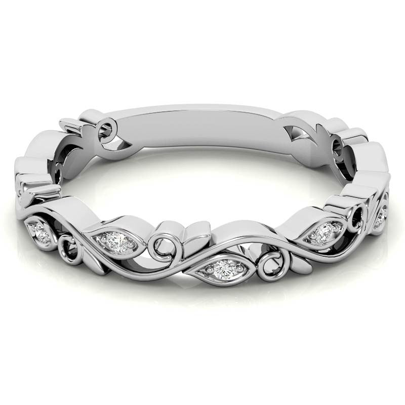 Round Floral Leaf Design Moissanite Stackable Band