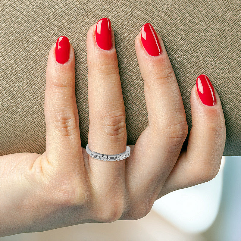 Round and Baguette Moissanite Stackable Band with Milgrain