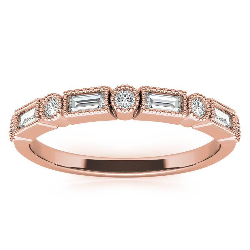 Round and Baguette Moissanite Stackable Band with Milgrain