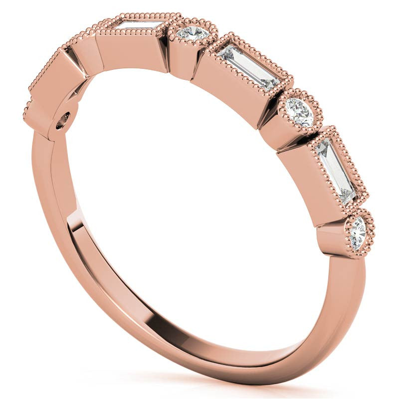 Round and Baguette Moissanite Stackable Band with Milgrain