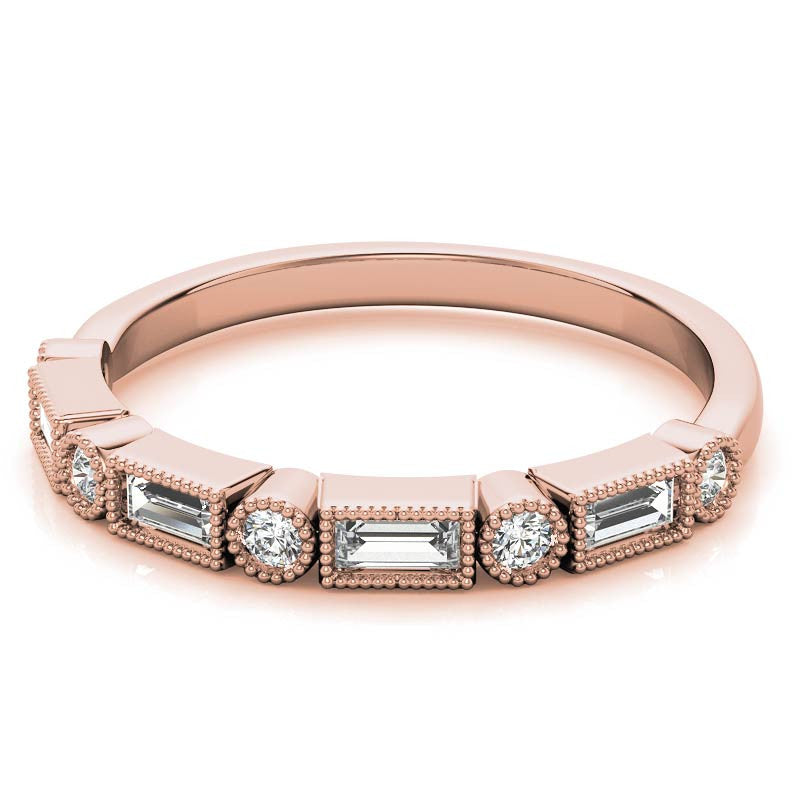 Round and Baguette Moissanite Stackable Band with Milgrain