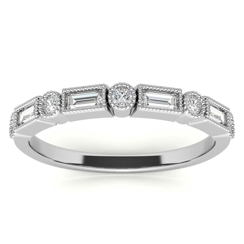 Round and Baguette Moissanite Stackable Band with Milgrain