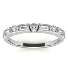 Round and Baguette Moissanite Stackable Band with Milgrain