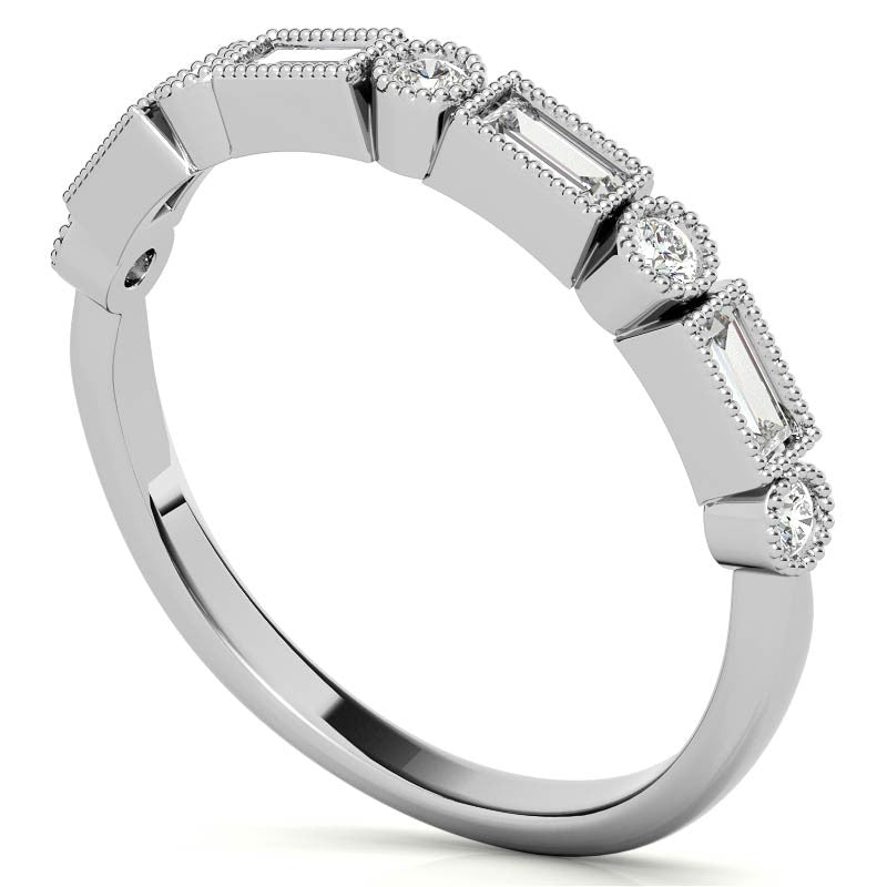 Round and Baguette Moissanite Stackable Band with Milgrain