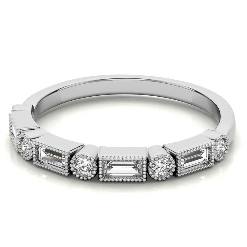Round and Baguette Moissanite Stackable Band with Milgrain