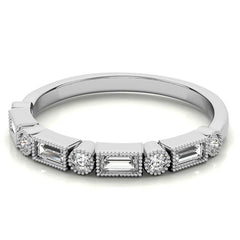 Round and Baguette Moissanite Stackable Band with Milgrain