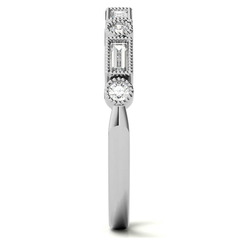 Round and Baguette Moissanite Stackable Band with Milgrain