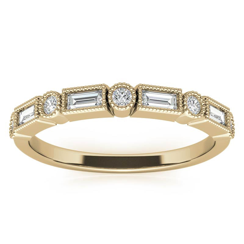 Round and Baguette Moissanite Stackable Band with Milgrain