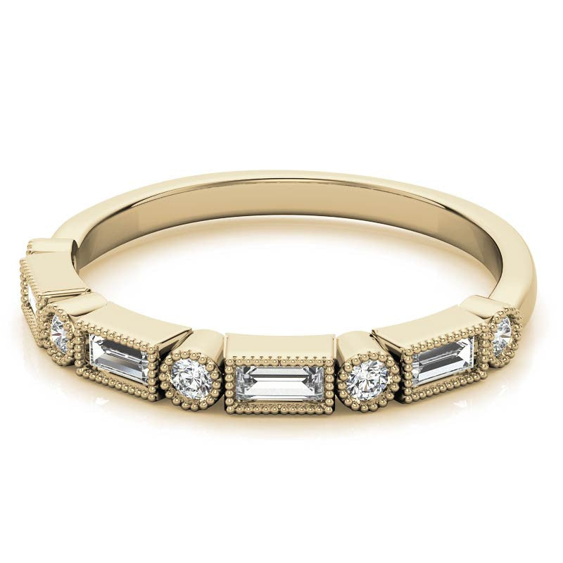 Round and Baguette Moissanite Stackable Band with Milgrain
