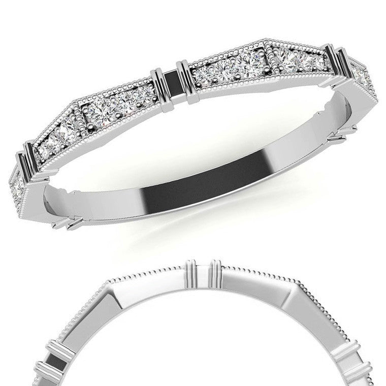 Petite Geometrical Round Brilliant Moissanite Stackable Band with Milgrain
