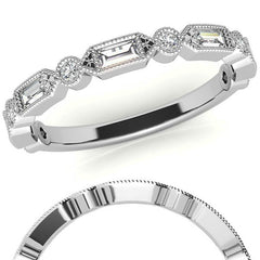 Baguette and Round Brilliant Moissanite Stackable Band with Milgrain