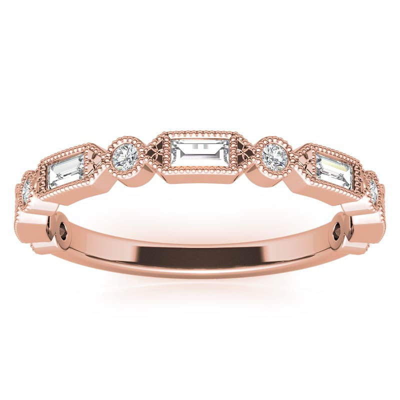 Baguette and Round Brilliant Moissanite Stackable Band with Milgrain