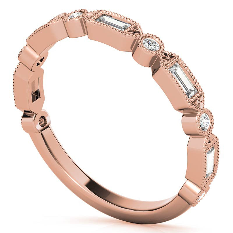 Baguette and Round Brilliant Moissanite Stackable Band with Milgrain