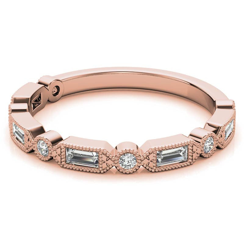 Baguette and Round Brilliant Moissanite Stackable Band with Milgrain