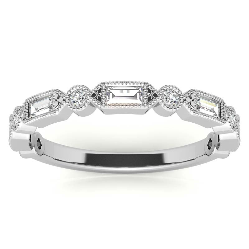 Baguette and Round Brilliant Moissanite Stackable Band with Milgrain