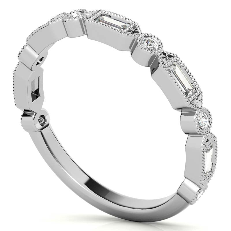 Baguette and Round Brilliant Moissanite Stackable Band with Milgrain