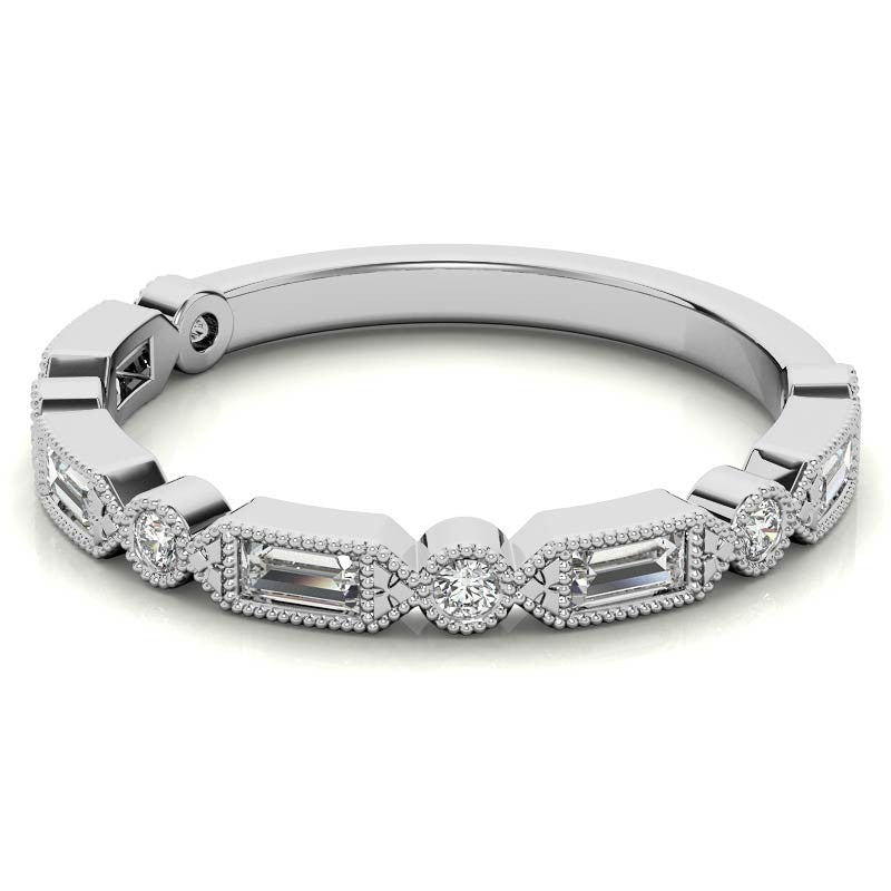 Baguette and Round Brilliant Moissanite Stackable Band with Milgrain
