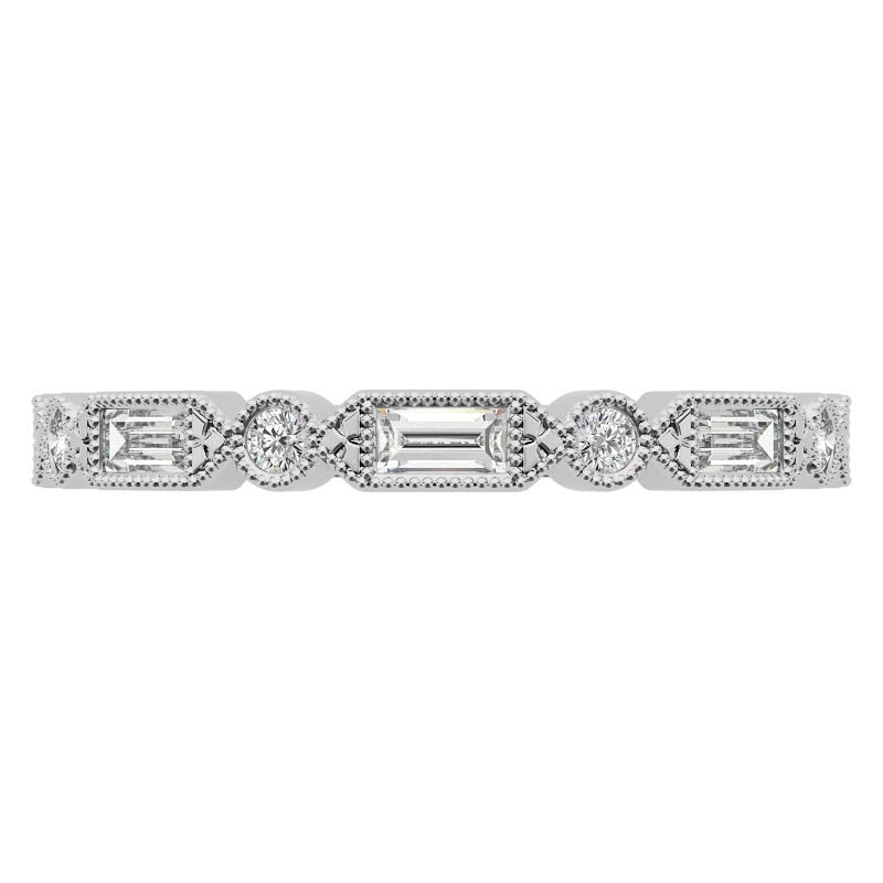 Baguette and Round Brilliant Moissanite Stackable Band with Milgrain