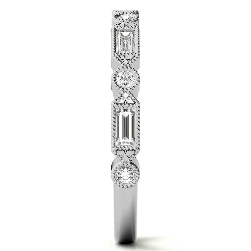 Baguette and Round Brilliant Moissanite Stackable Band with Milgrain