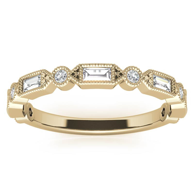 Baguette and Round Brilliant Moissanite Stackable Band with Milgrain