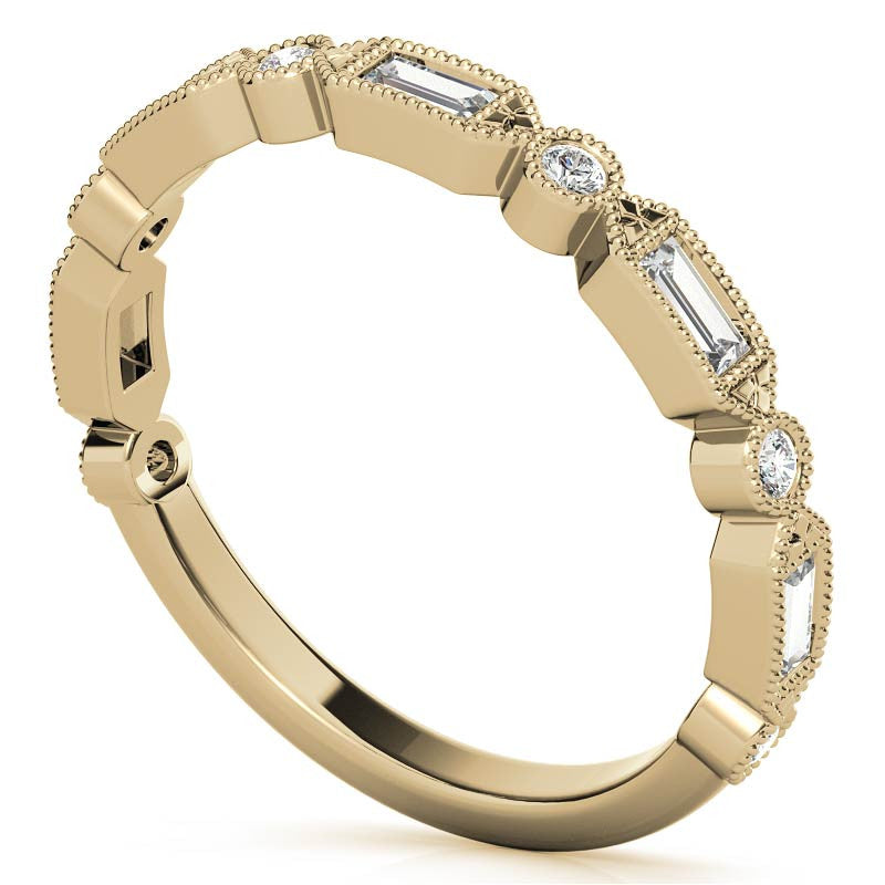 Baguette and Round Brilliant Moissanite Stackable Band with Milgrain